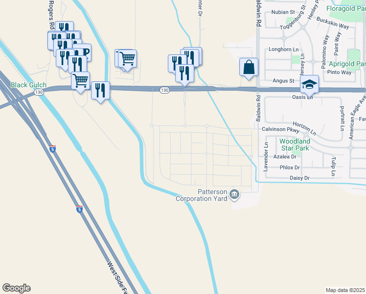 map of restaurants, bars, coffee shops, grocery stores, and more near 2236 Sperry Avenue in Patterson