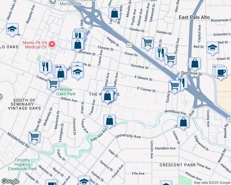 map of restaurants, bars, coffee shops, grocery stores, and more near in Menlo Park
