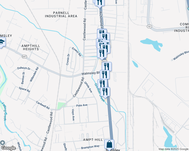 map of restaurants, bars, coffee shops, grocery stores, and more near 2606 1/3 Walmsley Boulevard in Richmond