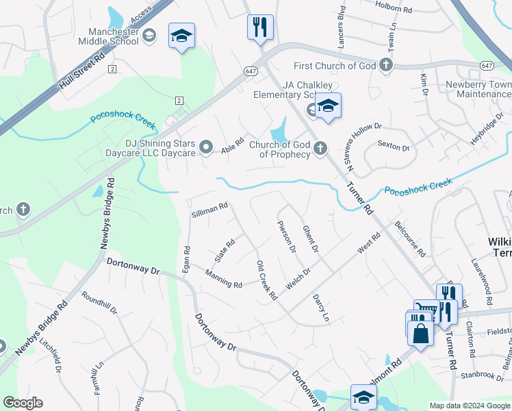 map of restaurants, bars, coffee shops, grocery stores, and more near 3403 Silliman Court in Chesterfield
