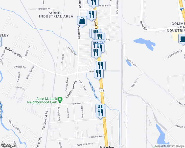 map of restaurants, bars, coffee shops, grocery stores, and more near 2606 1/3 Walmsley Boulevard in Richmond