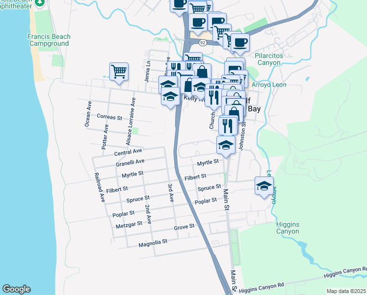 map of restaurants, bars, coffee shops, grocery stores, and more near 138 Amesport Landing in Half Moon Bay