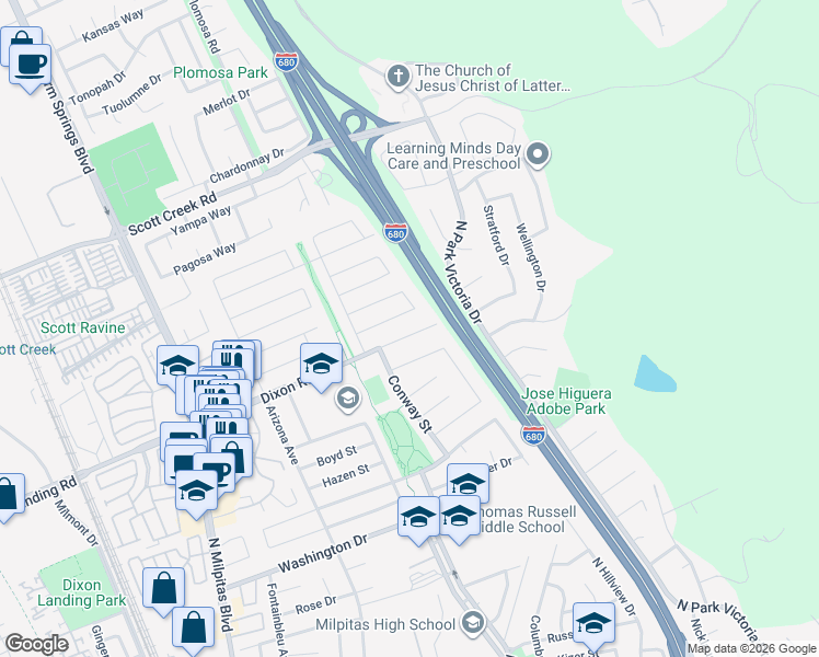 map of restaurants, bars, coffee shops, grocery stores, and more near 474 Murray Street in Milpitas