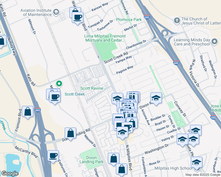 map of restaurants, bars, coffee shops, grocery stores, and more near 49110 Tomahawk Place in Fremont