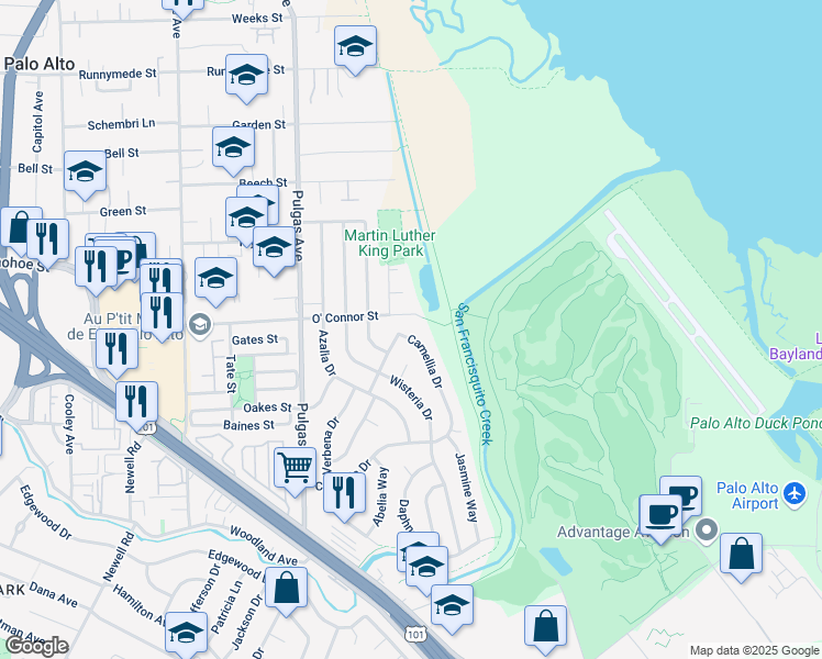 map of restaurants, bars, coffee shops, grocery stores, and more near 1169 O' Connor Street in East Palo Alto