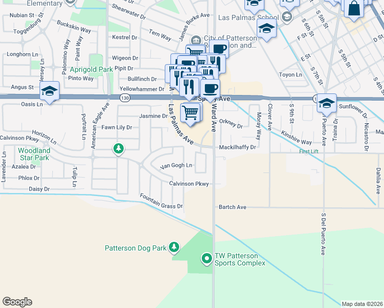 map of restaurants, bars, coffee shops, grocery stores, and more near 1035 Winter Lane in Patterson