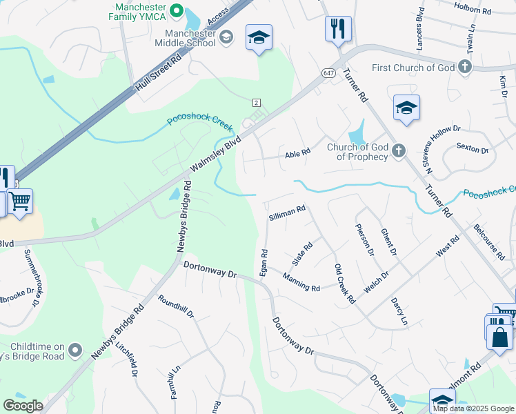 map of restaurants, bars, coffee shops, grocery stores, and more near 7105 Egan Place in Chesterfield
