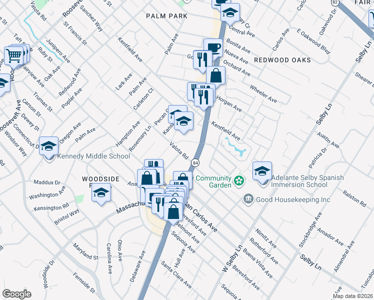 map of restaurants, bars, coffee shops, grocery stores, and more near 1835 Valota Road in Redwood City
