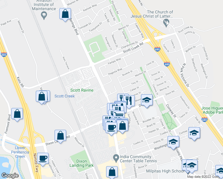 map of restaurants, bars, coffee shops, grocery stores, and more near 2030 Amur Court in Milpitas