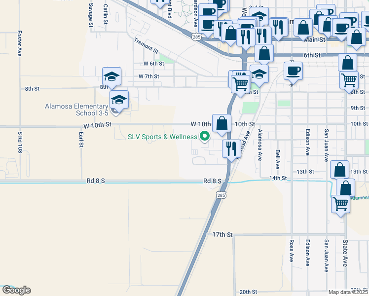 map of restaurants, bars, coffee shops, grocery stores, and more near 1410 West 11th Street in Alamosa