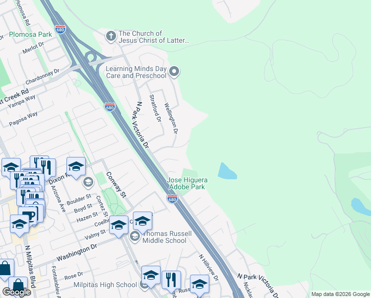 map of restaurants, bars, coffee shops, grocery stores, and more near 1832 Wellington Drive in Milpitas