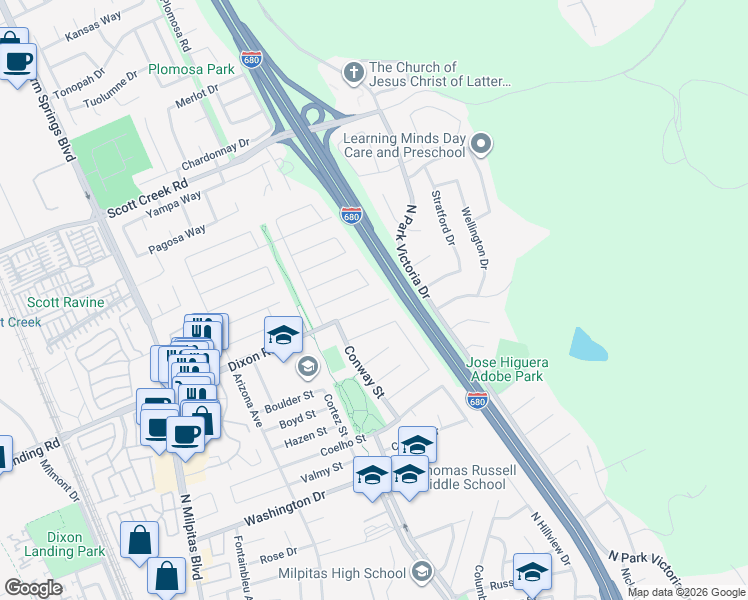 map of restaurants, bars, coffee shops, grocery stores, and more near 531 Dixon Road in Milpitas