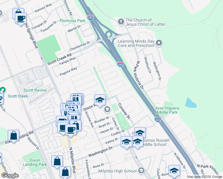 map of restaurants, bars, coffee shops, grocery stores, and more near 386 Gosser Street in Milpitas