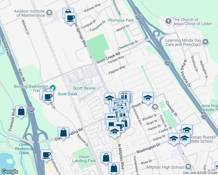 map of restaurants, bars, coffee shops, grocery stores, and more near 49110 Tomahawk Place in Fremont