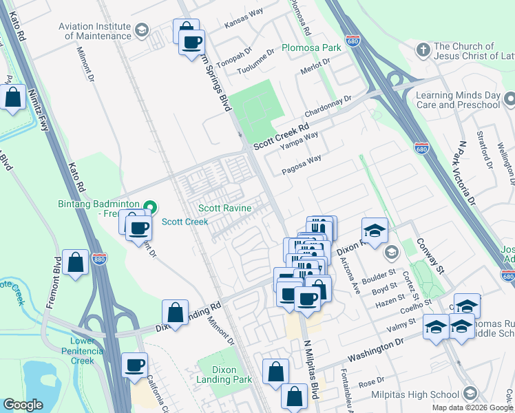 map of restaurants, bars, coffee shops, grocery stores, and more near 49001 Meadowfaire Common in Fremont