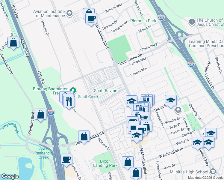 map of restaurants, bars, coffee shops, grocery stores, and more near 49070 Pampas Grass Terrace in Fremont