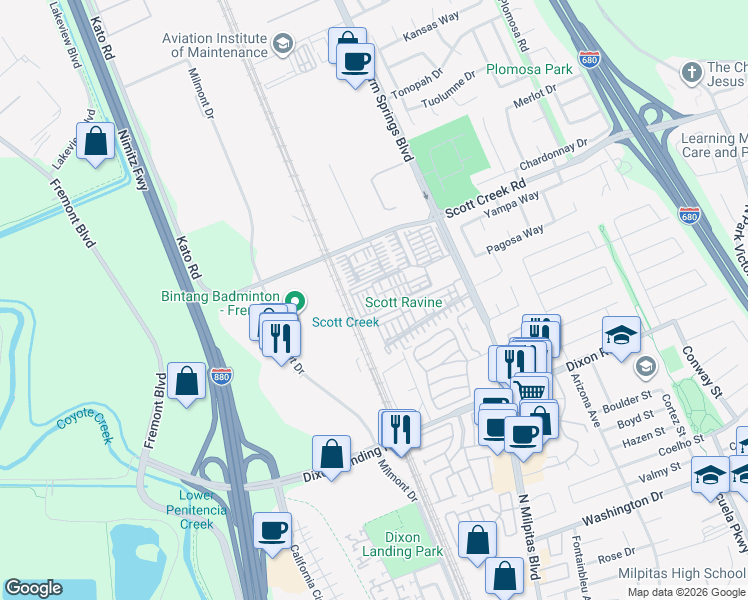 map of restaurants, bars, coffee shops, grocery stores, and more near 48993 Tassel Fern Common in Fremont