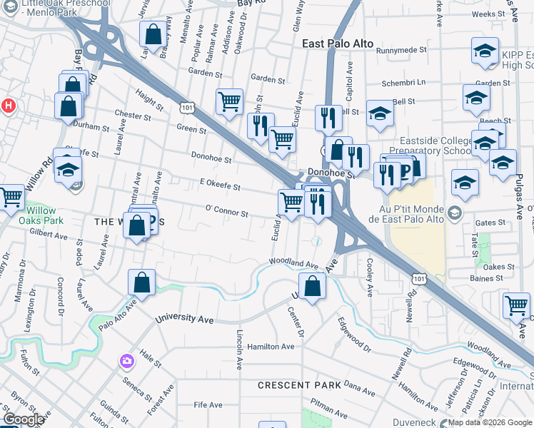 map of restaurants, bars, coffee shops, grocery stores, and more near in East Palo Alto