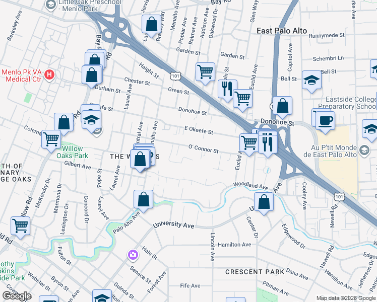 map of restaurants, bars, coffee shops, grocery stores, and more near 244 O' Connor Street in Menlo Park