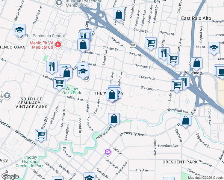 map of restaurants, bars, coffee shops, grocery stores, and more near 1975 Menalto Avenue in Menlo Park