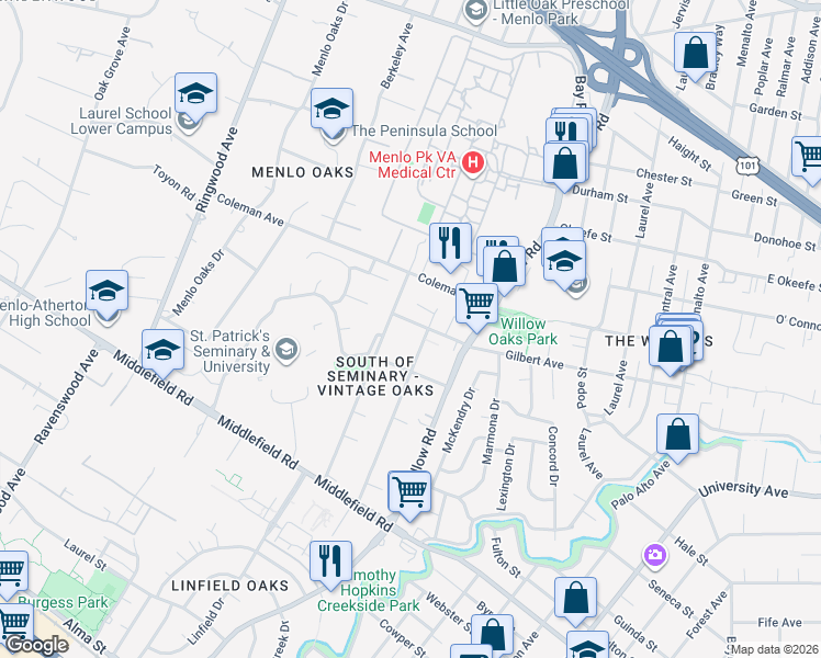 map of restaurants, bars, coffee shops, grocery stores, and more near 730 Gilbert Avenue in Menlo Park