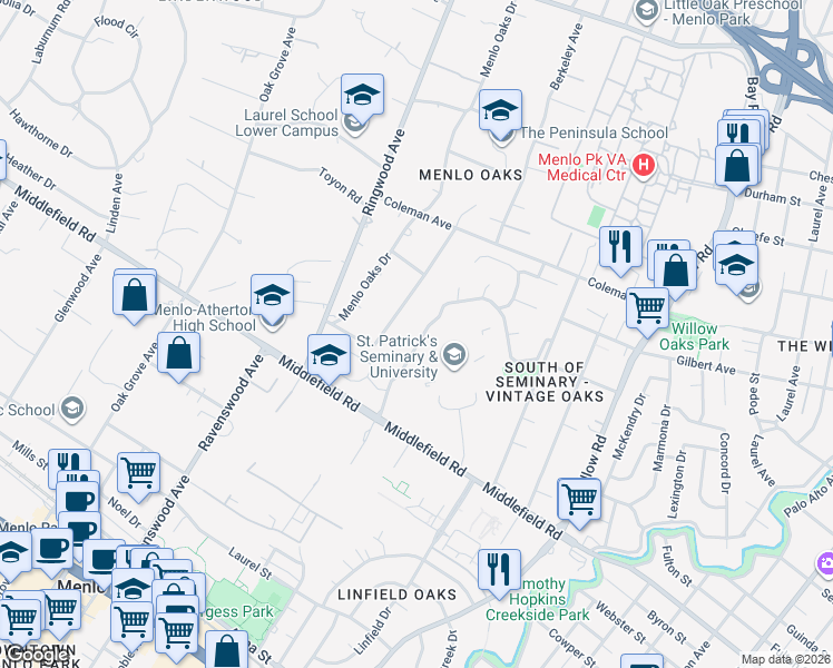 map of restaurants, bars, coffee shops, grocery stores, and more near 135 Seminary Drive in Menlo Park