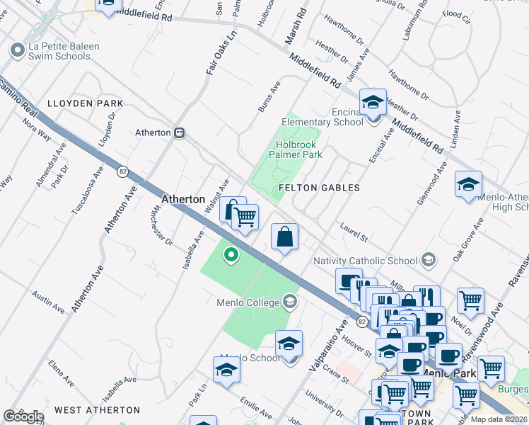 map of restaurants, bars, coffee shops, grocery stores, and more near 192 Spruce Avenue in Menlo Park