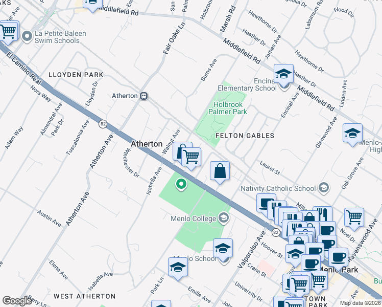 map of restaurants, bars, coffee shops, grocery stores, and more near 64 Watkins Avenue in Atherton