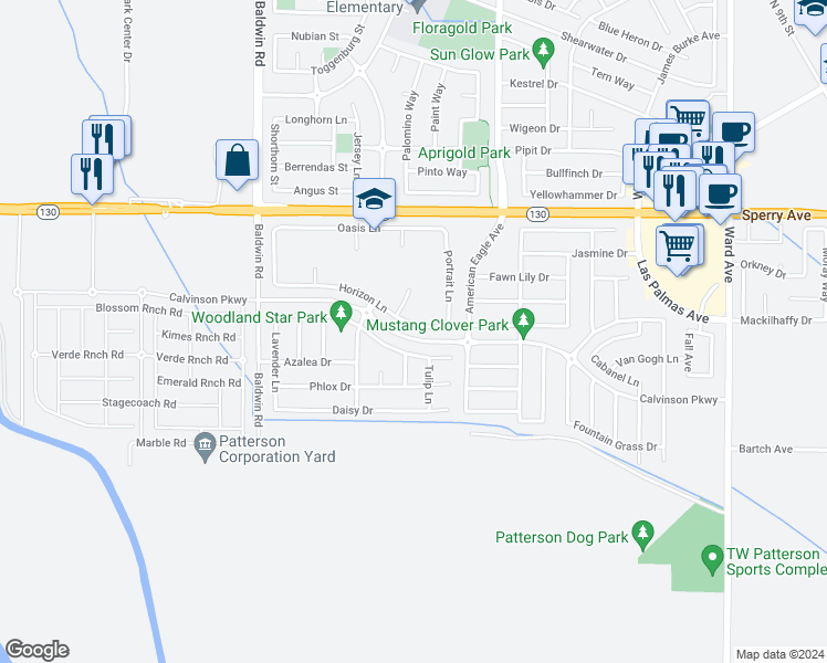 map of restaurants, bars, coffee shops, grocery stores, and more near 1324 Horizon Lane in Patterson