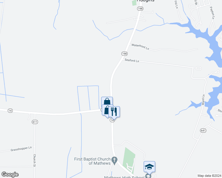 map of restaurants, bars, coffee shops, grocery stores, and more near Buckley Hall Road in Mathews