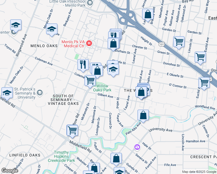 map of restaurants, bars, coffee shops, grocery stores, and more near 421 Shirley Way in Menlo Park