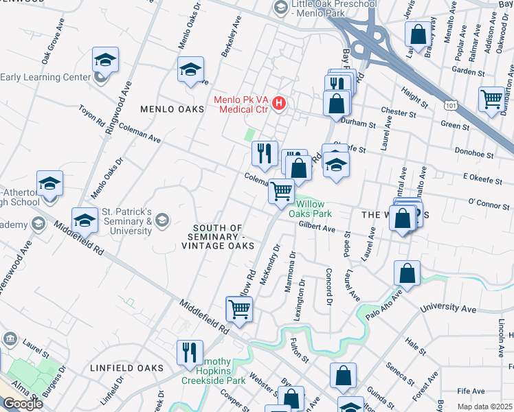 map of restaurants, bars, coffee shops, grocery stores, and more near 400 Santa Margarita Avenue in Menlo Park