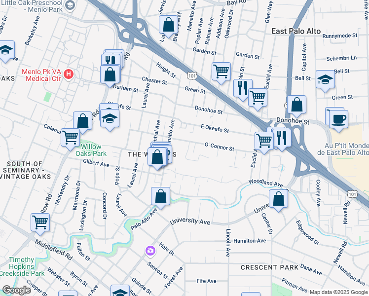 map of restaurants, bars, coffee shops, grocery stores, and more near 130 O' Connor Street in Menlo Park