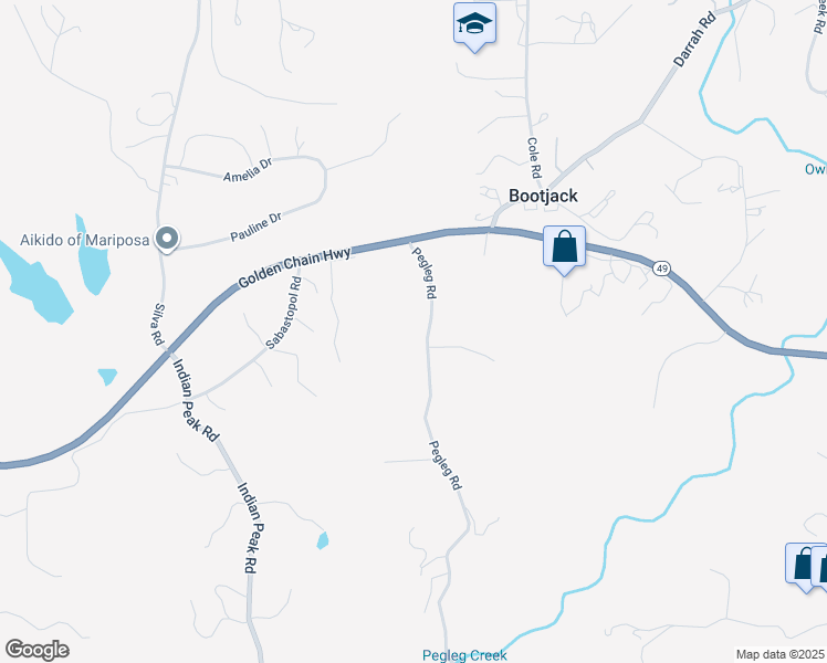 map of restaurants, bars, coffee shops, grocery stores, and more near 4958 Pegleg Road in Mariposa