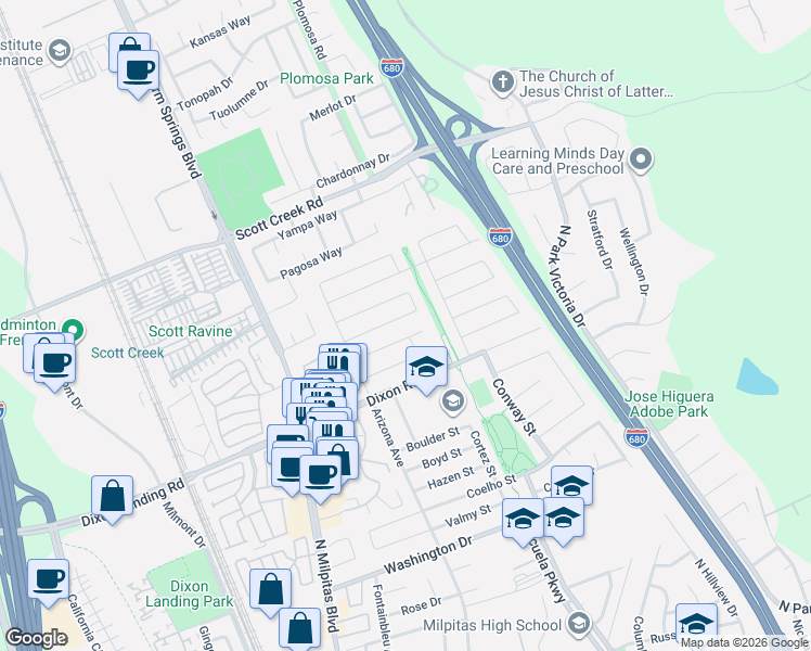 map of restaurants, bars, coffee shops, grocery stores, and more near 239 Callan Street in Milpitas