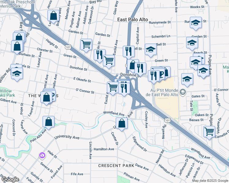 map of restaurants, bars, coffee shops, grocery stores, and more near 2001 Manhattan Avenue in East Palo Alto
