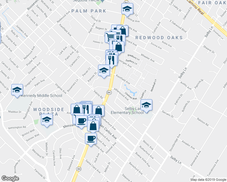 map of restaurants, bars, coffee shops, grocery stores, and more near 43 Atherwood Avenue in Redwood City