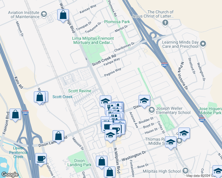 map of restaurants, bars, coffee shops, grocery stores, and more near 2031 Firethorn Court in Milpitas