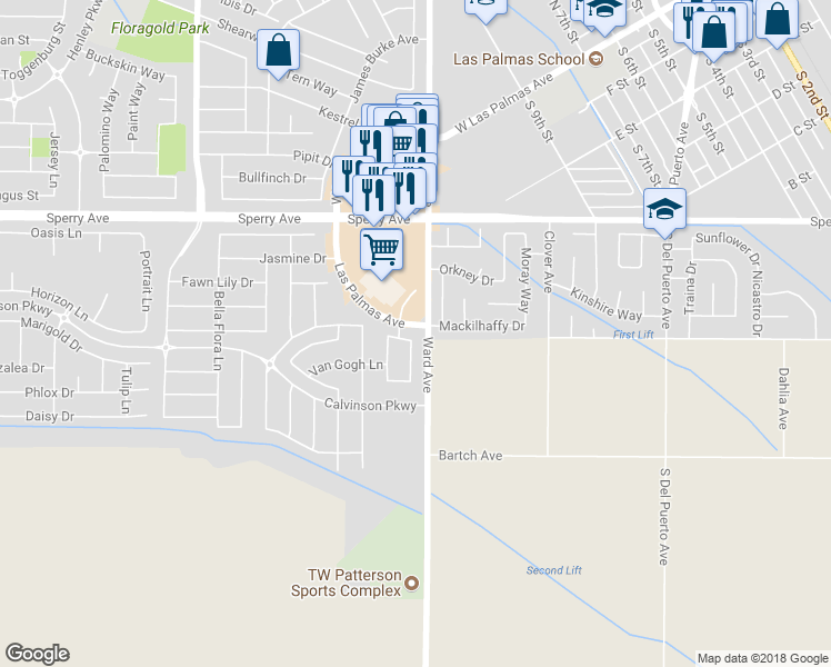 map of restaurants, bars, coffee shops, grocery stores, and more near 1001 Winter Lane in Patterson