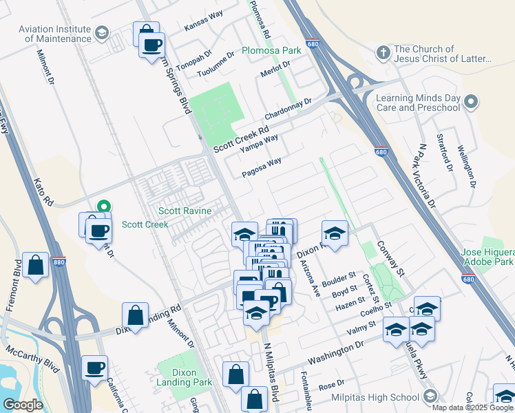 map of restaurants, bars, coffee shops, grocery stores, and more near 2031 Firethorn Court in Milpitas