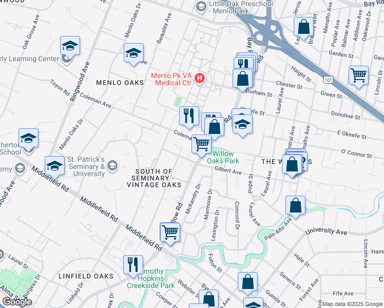 map of restaurants, bars, coffee shops, grocery stores, and more near 409 Willow Road in Menlo Park