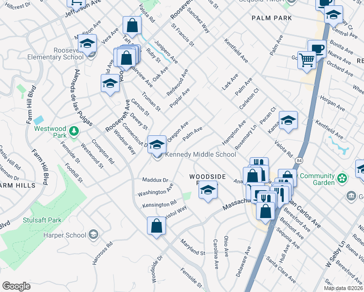 map of restaurants, bars, coffee shops, grocery stores, and more near 2443 Palm Avenue in Redwood City