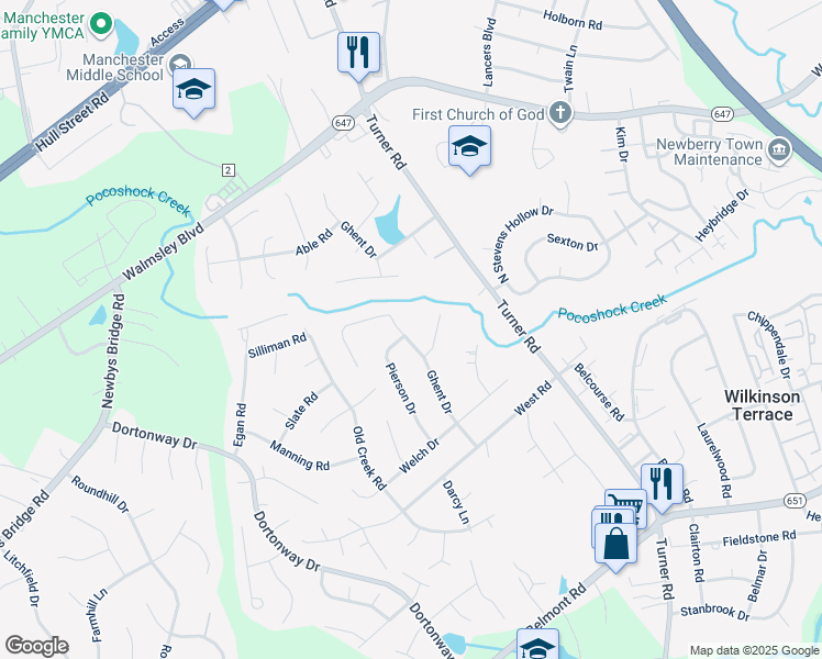 map of restaurants, bars, coffee shops, grocery stores, and more near 3421 Ghent Drive in Chesterfield
