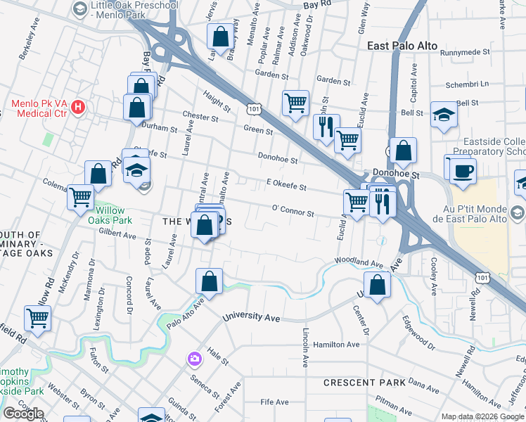 map of restaurants, bars, coffee shops, grocery stores, and more near 244 O' Connor Street in Menlo Park