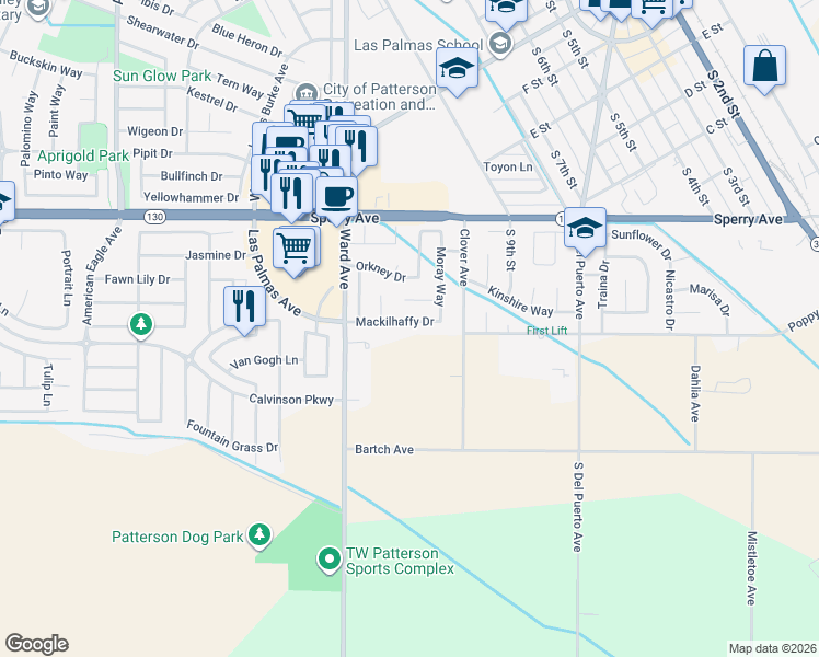 map of restaurants, bars, coffee shops, grocery stores, and more near 834 Mackilhaffy Drive in Patterson
