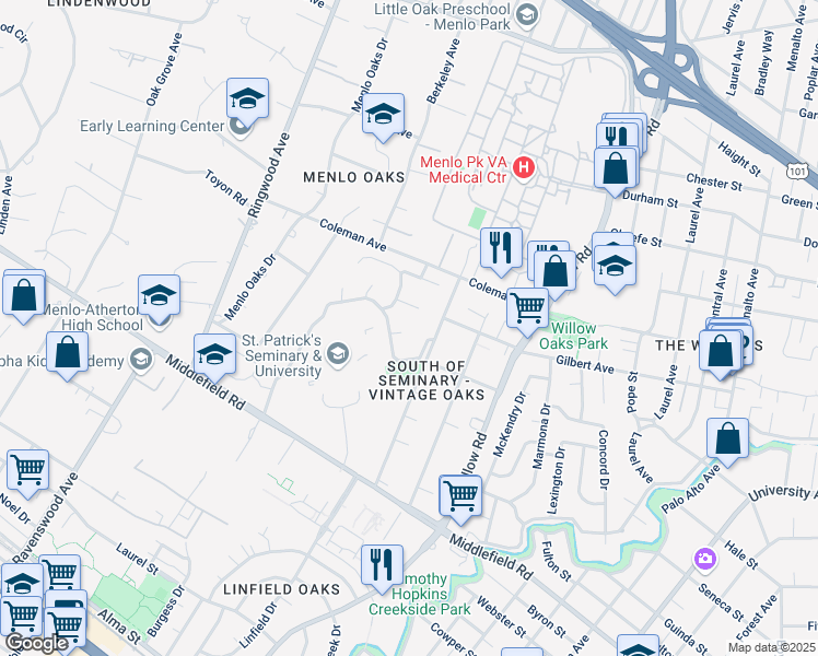 map of restaurants, bars, coffee shops, grocery stores, and more near 1 Pepperwood Court in Menlo Park