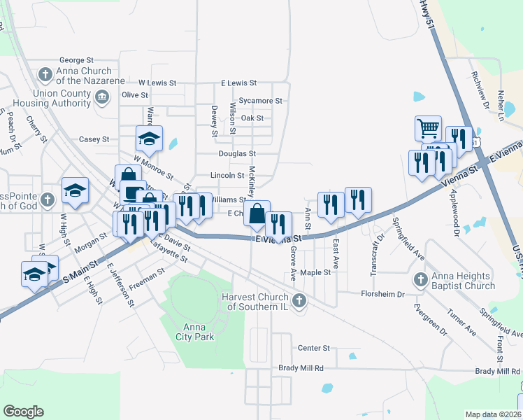 map of restaurants, bars, coffee shops, grocery stores, and more near 402 East Chestnut Street in Anna