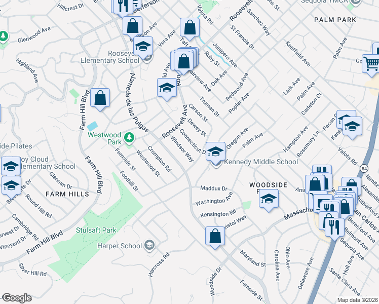 map of restaurants, bars, coffee shops, grocery stores, and more near 1267 Windsor Way in Redwood City