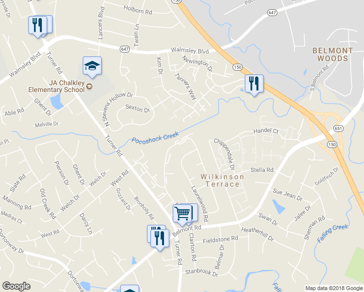 map of restaurants, bars, coffee shops, grocery stores, and more near 5921 Belston Court in Richmond
