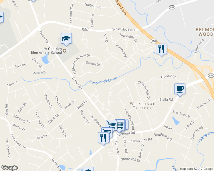 map of restaurants, bars, coffee shops, grocery stores, and more near 6013 Bluffwood Court in Chesterfield County